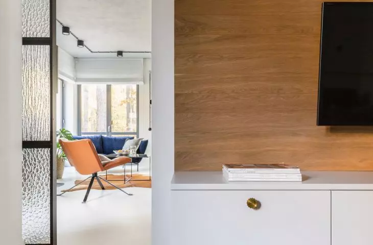 Wall covered with wood in the TV room