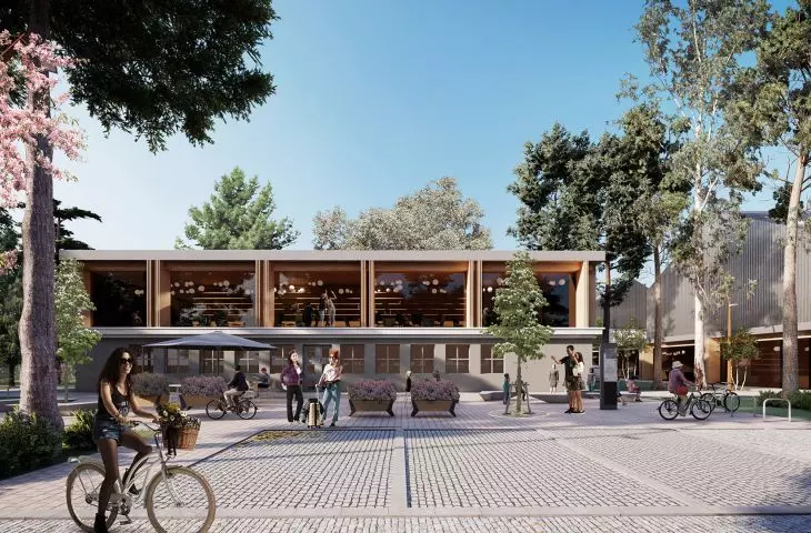 wizualizacja, widok na przebudowany budynek