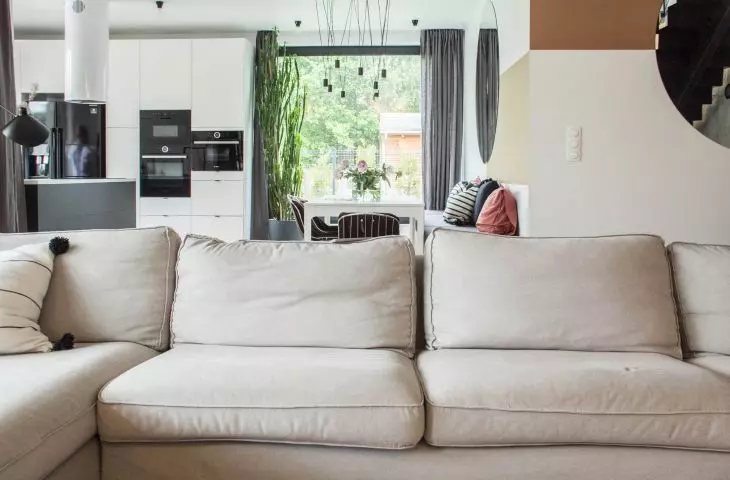 Living room, followed by dining room with kitchen
