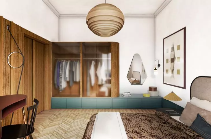 Wooden panel on the wall goes into the closet 