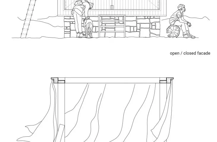 Cabin cross-section and view of the closed facade