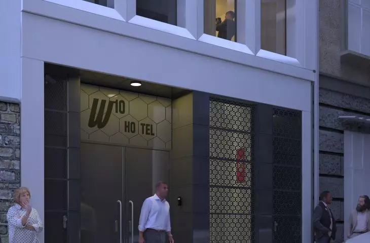 W10 Hotel, entrance from Warshauer Street