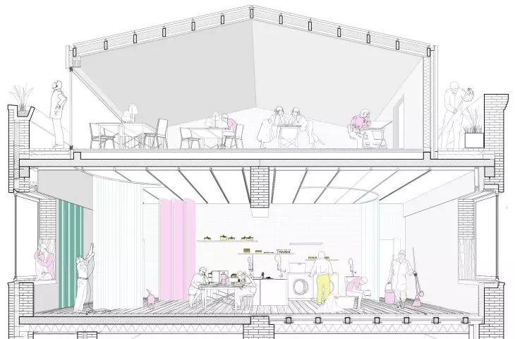 Cross section of the outbuilding with business and office work space
