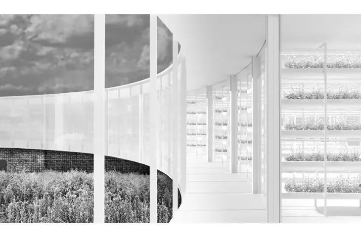A ring of aeroponic crops and wild grassland 