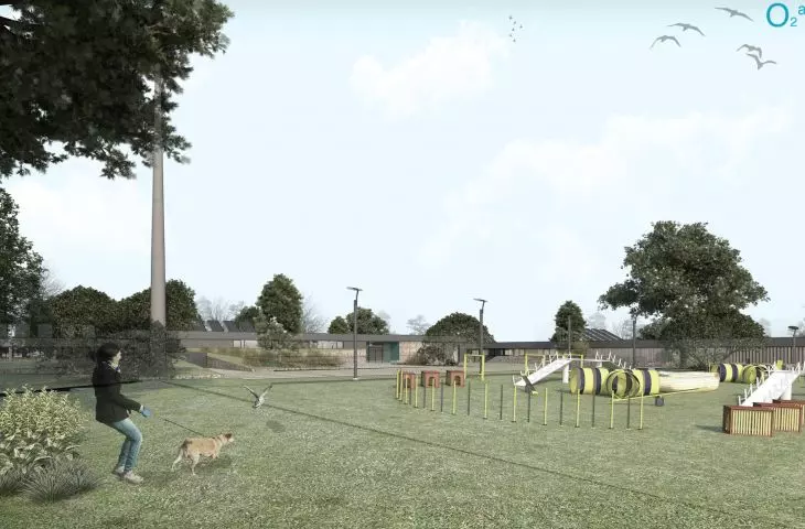 Public enclosure linked by an area of landscaped greenery