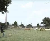Public enclosure linked by an area of landscaped greenery