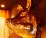 Golden pig's head guards entrance to toilets