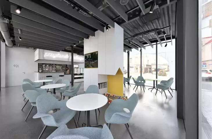 Interior of the cafe overlooking the square