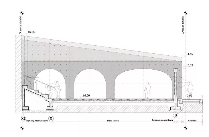 Cross-section overlooking the reinforced concrete arcade