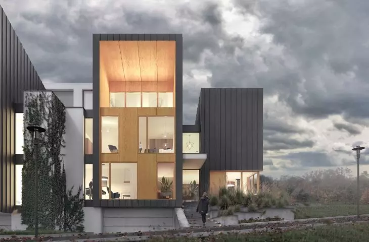 The facades are covered with wooden and composite panels