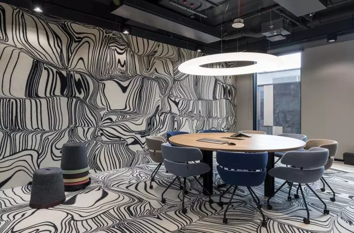 Wnętrza biur Universal-Investments, geometryczne tapety