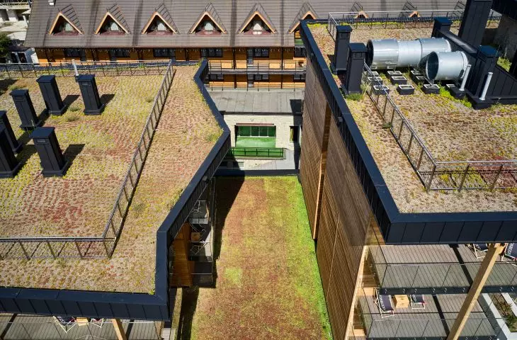 Flat green roofs of the hotel