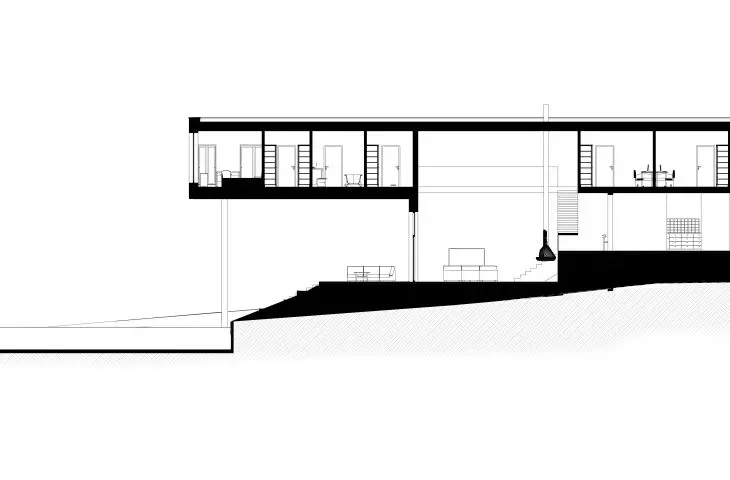 House with waterfall, cross-section