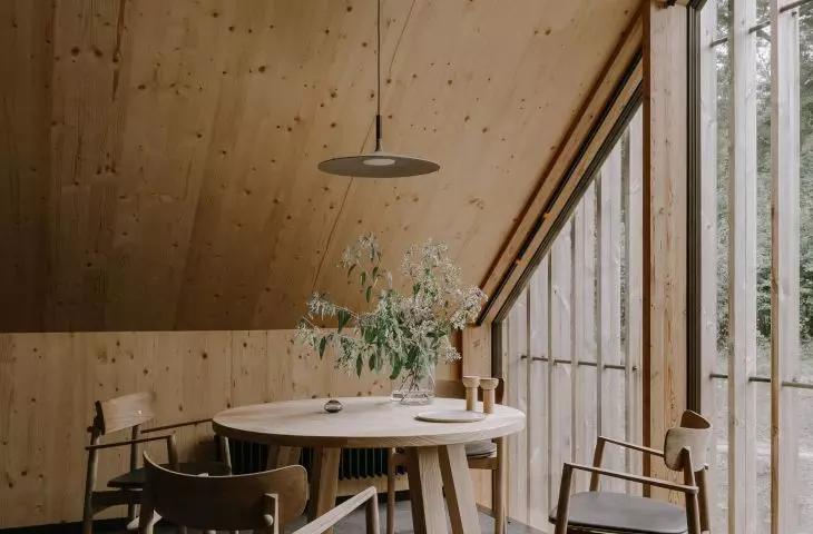 The interior of the apartment on the 2nd floor filled with light spruce plywood