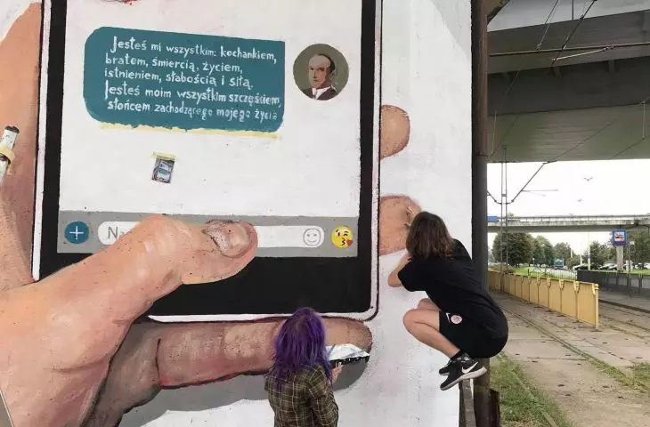 Working on the first mural dedicated to Iwaszkiewicz and Bleszynski