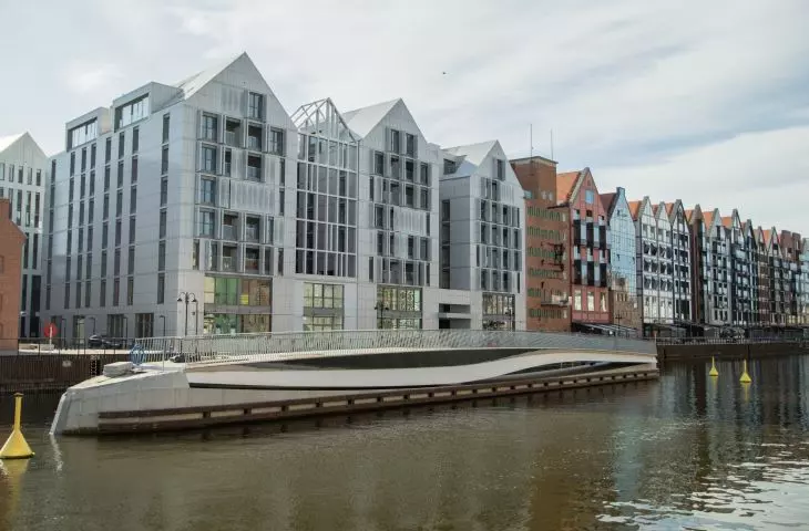 Rotating footbridge in folded position against the background of Granary Island