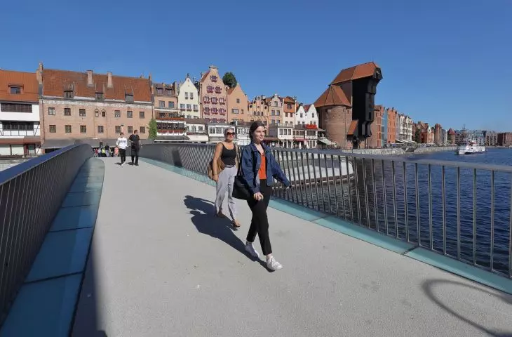 Strollers on the rotary footbridge against the background of the old town and the crane on Dlugi Pobrzeze Street 