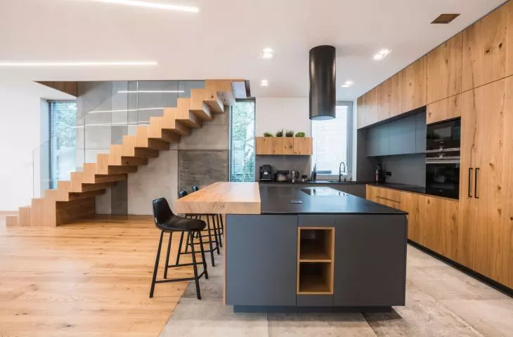 the interior is dominated by wood