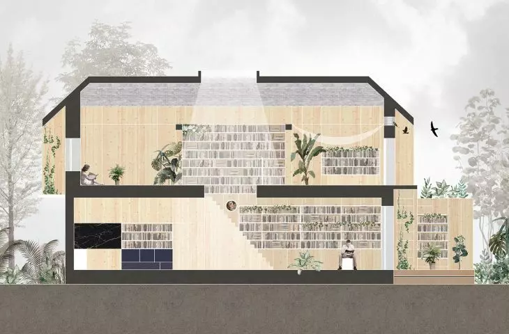 Villa Libreria — przekrój z widokiem na ścianę z biblioteką  