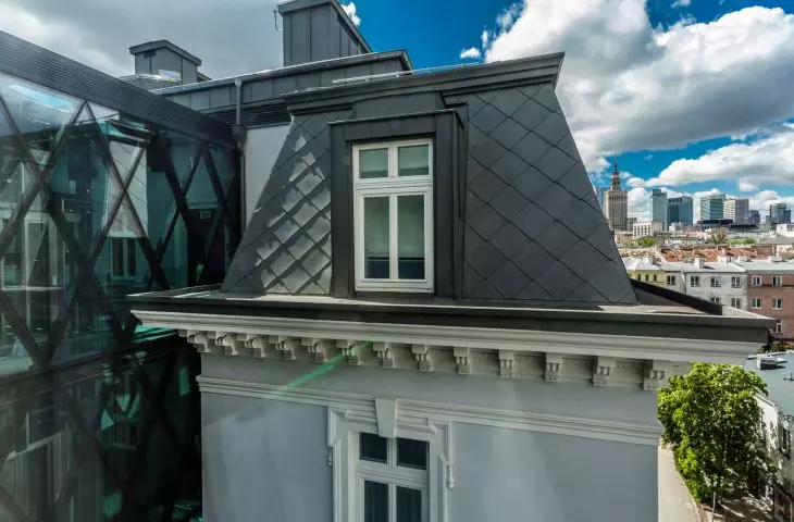 mansard roof of the building