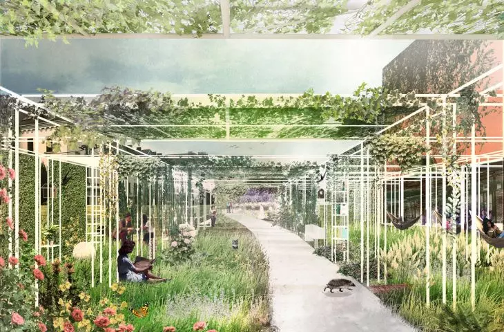 The drawers are walls-installations on an openwork structure housing, among other things, hotels for insects and shelves for plants