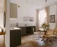 living room with kitchen and view of the hallway