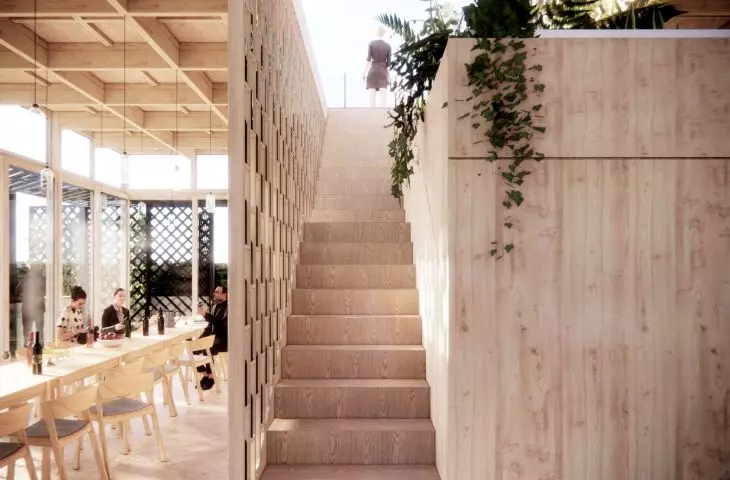 Design of wine tasting room, stairs to terrace