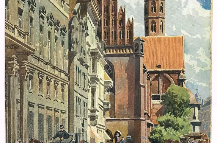 widok ulicy Wita Stwosza, z lewej fragment pałacu Hatzfeldów, praca O. Günthera-Naumburga z początku XX wieku