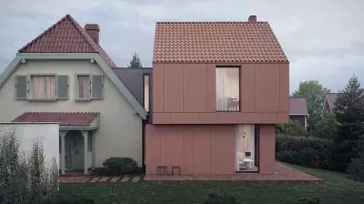 istniejący dom z&nbsp;nową częścią łączy wąski łącznik