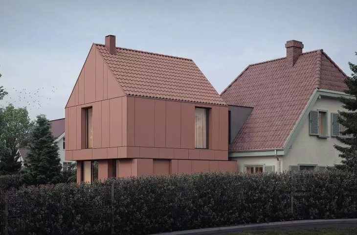 nowoczesna bryła nawiązuje do tradycyjnej architektury poprzez kształt dachu i użycie ceramicznej dachówki