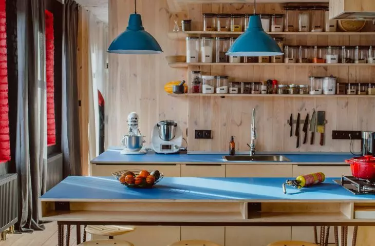 kitchen and table with rebar wire legs