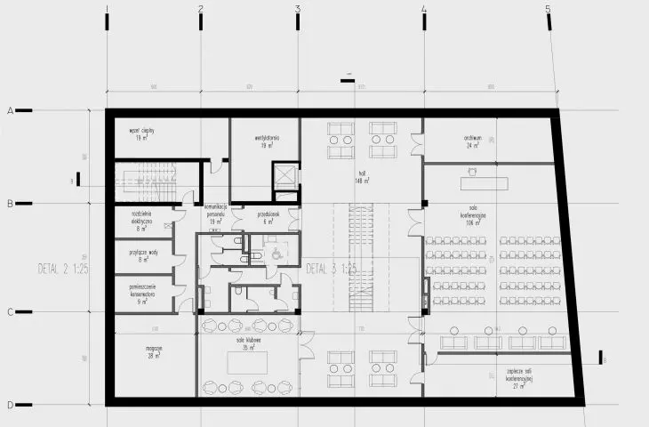 Projekt biblioteki w Krynicy-Zdroju, rzut poziomu -1