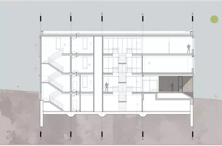 Projekt biblioteki w Krynicy-Zdroju, przekrój AA