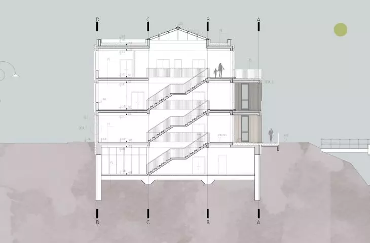 Projekt biblioteki w Krynicy-Zdroju, przekrój BB