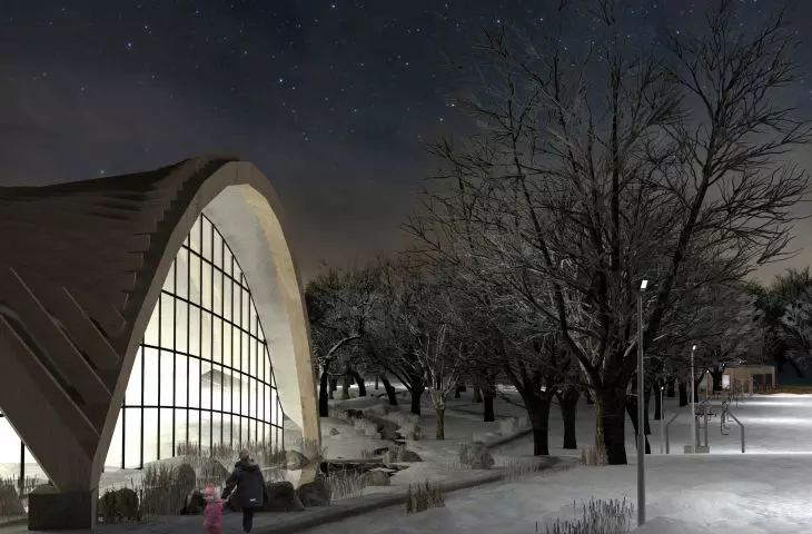 Indoor ski slope project, hall at night