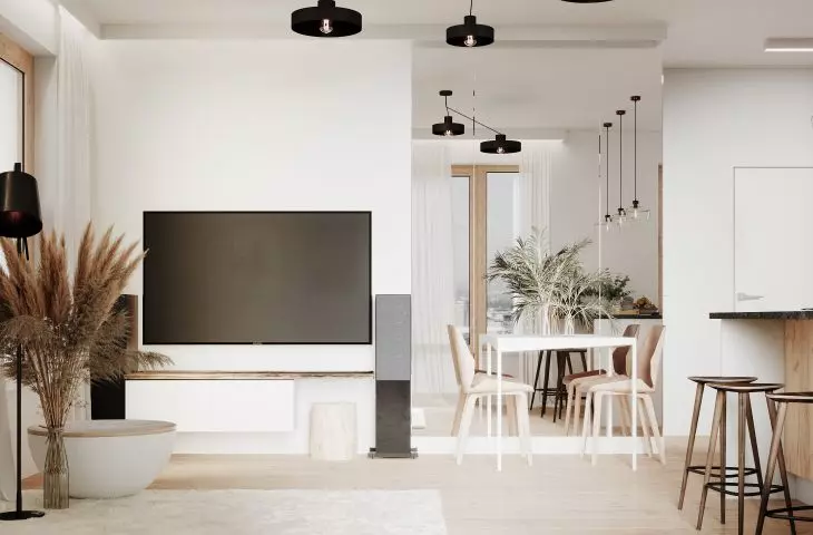 Salon z akcentami czerni i drewna