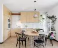 White tiles and plywood furniture 
