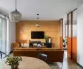 A plywood wall is an important accent in the living room