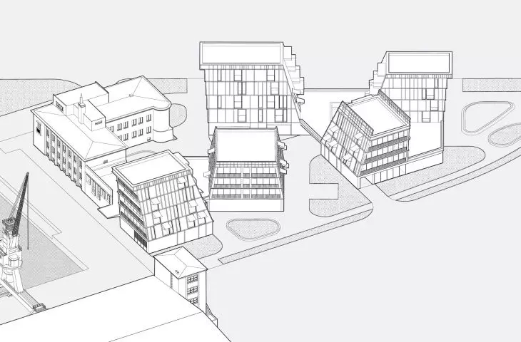 An aerial view of the hotel buildings