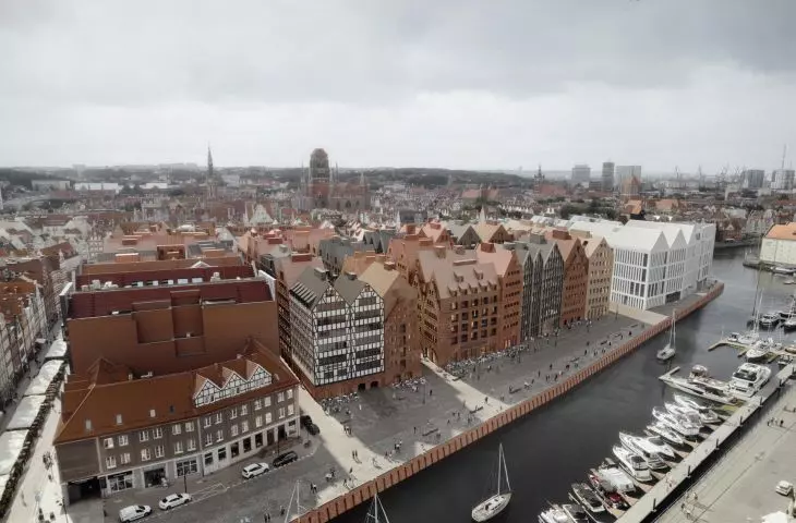 wizualizacja z lotu ptaka projektu Granarii na Wyspie Spichrzów w Gdańsku