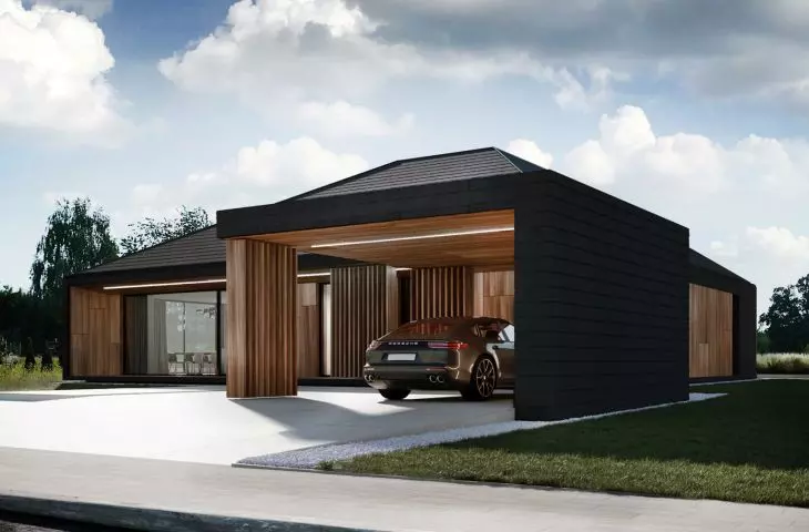 obok domu zaplanowano spójną z architekturą bryły RE: VOLCANO HOUSE wiatę garażu