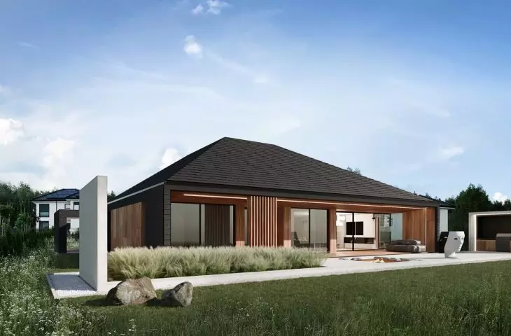 w czterospadowym dachu, dzięki ścięciu kalenic, architekci zaprojektowali prostokątny świetlik