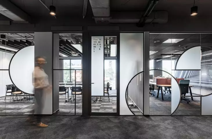 LOFT style office - glass partition wall with asymmetrical circles