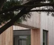 Large glazing and wood on the facade