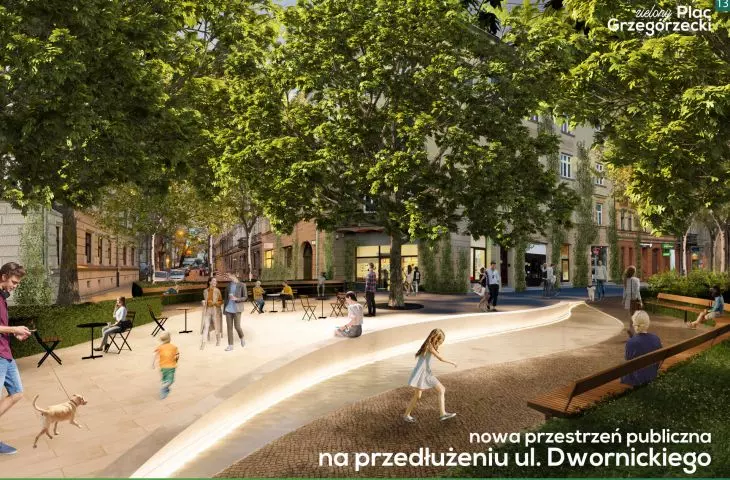 wizualizacja; nowa przestrzeń publiczna na przedłużeniu ulicy Dwernickiego