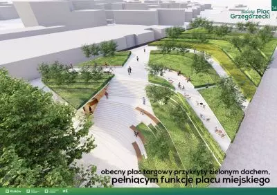 wizualizacja; obecny plac targowy przykryty betonowym dachem