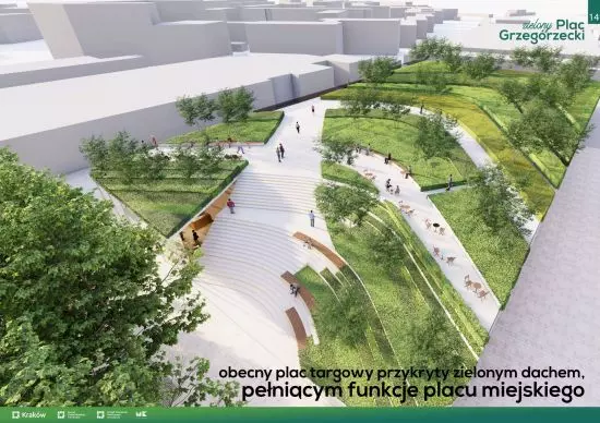 wizualizacja; obecny plac targowy przykryty betonowym dachem