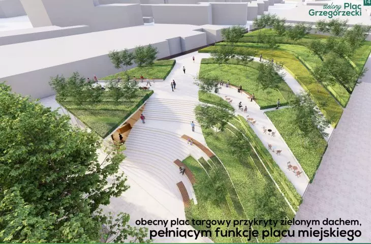 wizualizacja; obecny plac targowy przykryty betonowym dachem, pełniącym funkcje placu miejskiego