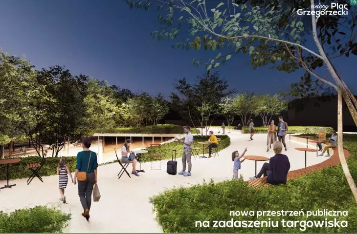 wizualizacja; nowa przestrzeń publiczna na zadaszeniu targowiska