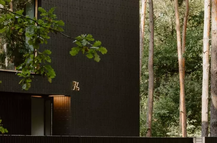 the facade with its color and texture refers to the bark of the trees surrounding the house